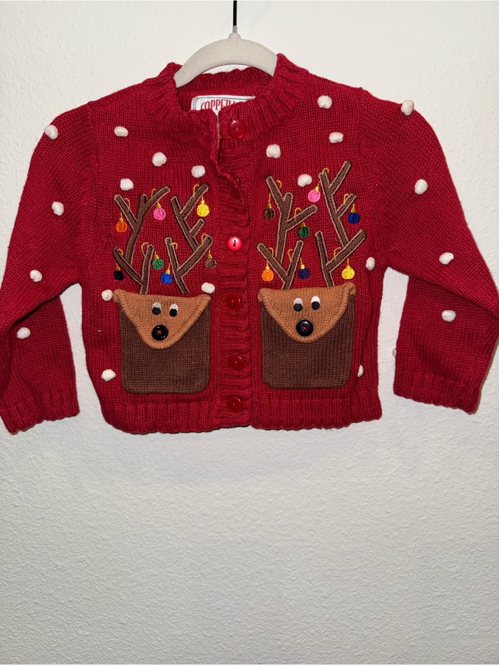 Copper Key Red Reindeer Pocket Cardigan with Pom-Pom Accents